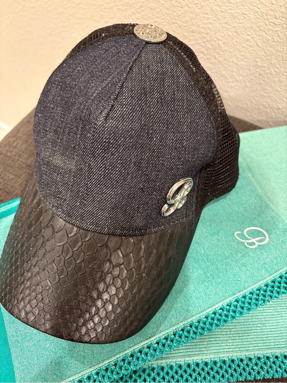 Bombshell Sportswear Black Denim & Snakeskin Trucker Hat
